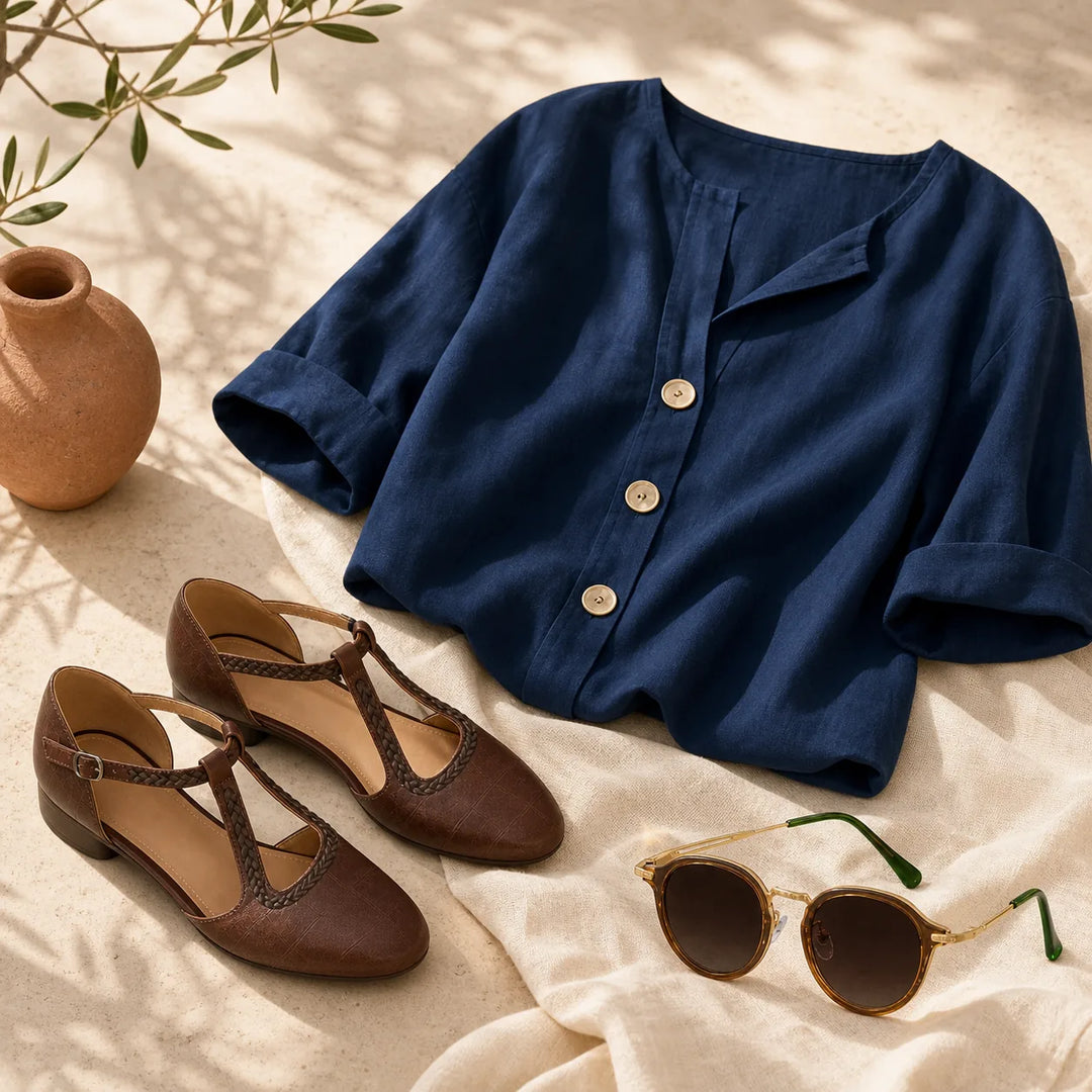 A styled flat-lay featuring a navy blue short-sleeve button-front blouse, brown T-strap flat shoes, gold-framed sunglasses, and a terracotta vase on a beige fabric surface with leaf shadows.
