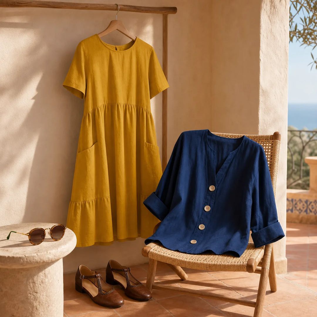 A styled fashion scene showing a mustard yellow short-sleeve dress hanging on a wooden rack and a navy blue button-front blouse draped over a woven chair, with brown shoes and sunglasses nearby on a sunlit terrace.