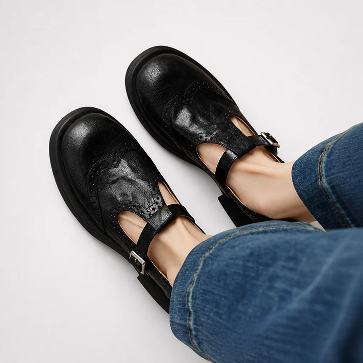 Academia | Genuine Leather T-Strap Loafers with Thick Heel | Round Toe Flats for Business Casual Wear