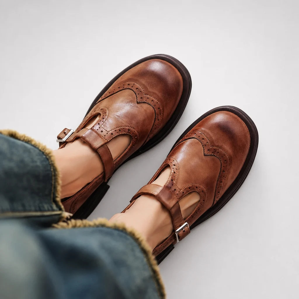 Academia | Genuine Leather T-Strap Loafers with Thick Heel | Round Toe Flats for Business Casual Wear