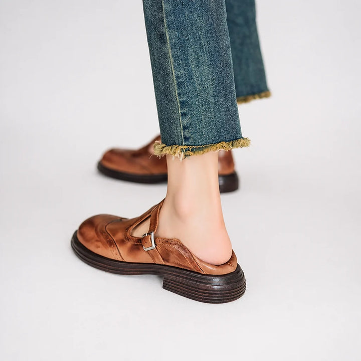 Academia | Genuine Leather T-Strap Loafers with Thick Heel | Round Toe Flats for Business Casual Wear
