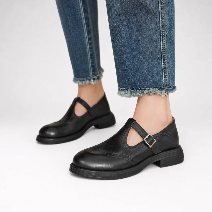 Academia | Genuine Leather T-Strap Loafers with Thick Heel | Round Toe Flats for Business Casual Wear