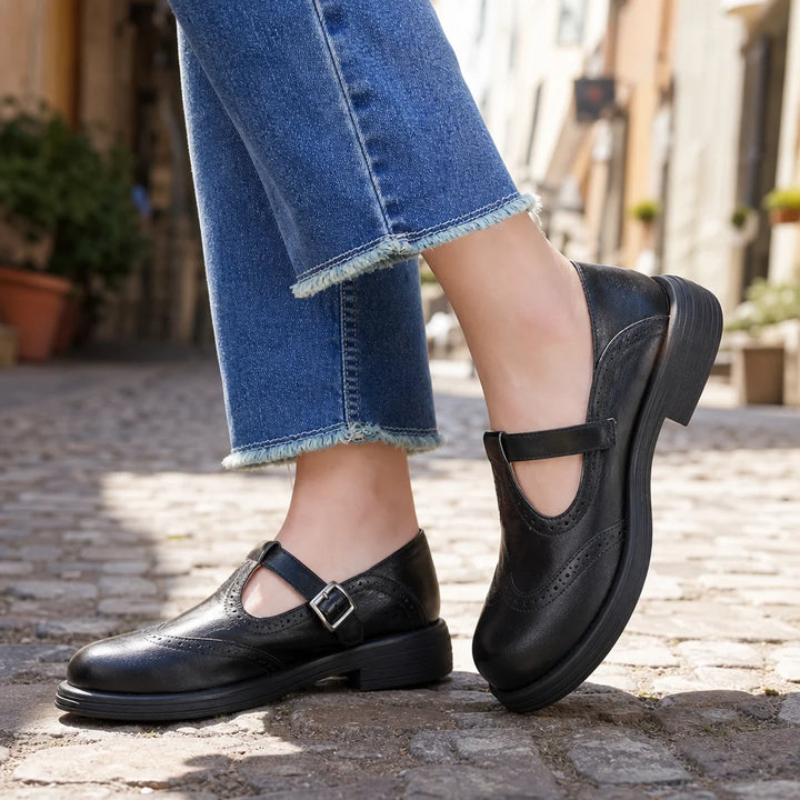 Academia | Genuine Leather T-Strap Loafers with Thick Heel | Round Toe Flats for Business Casual Wear