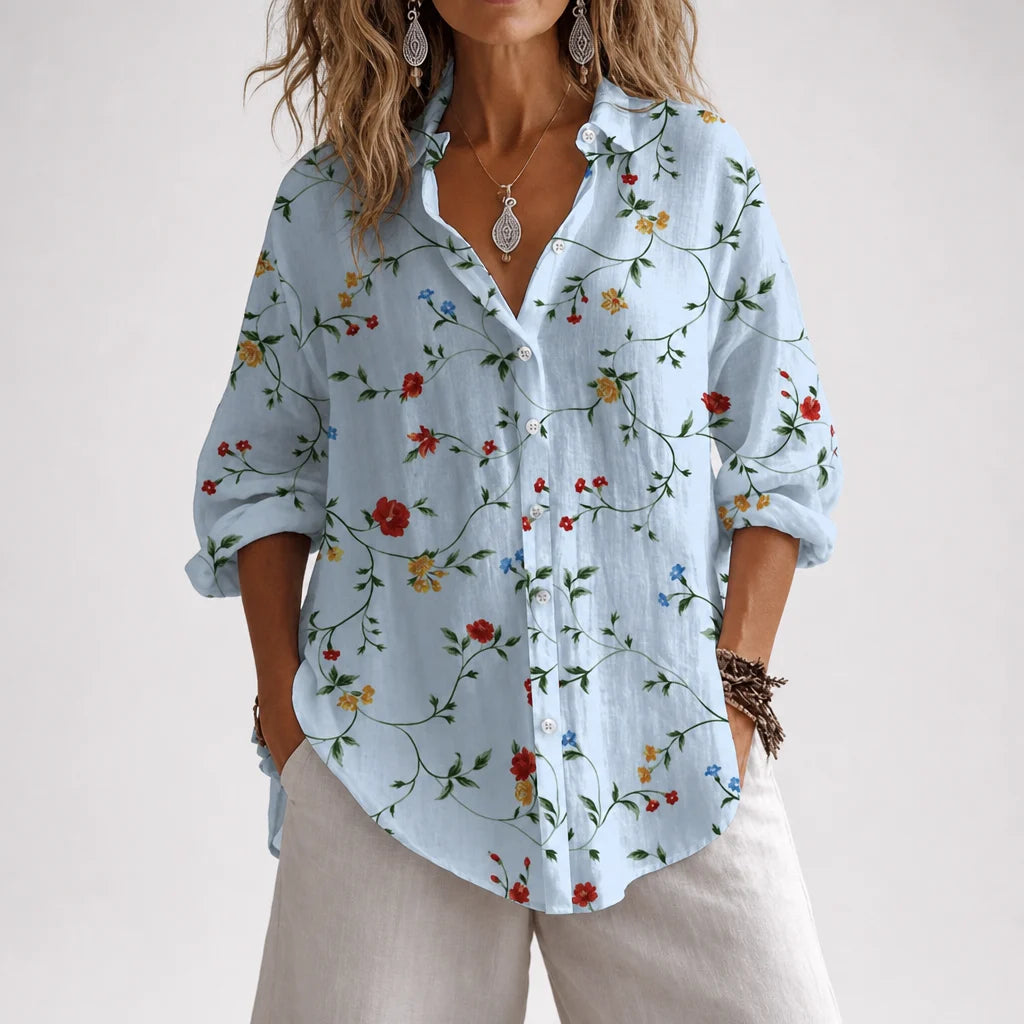 Oasis | Long Sleeve Floral Button-Up Shirt with Turn-Down Collar | Casual Broadcloth Top for Daily Summer Wear