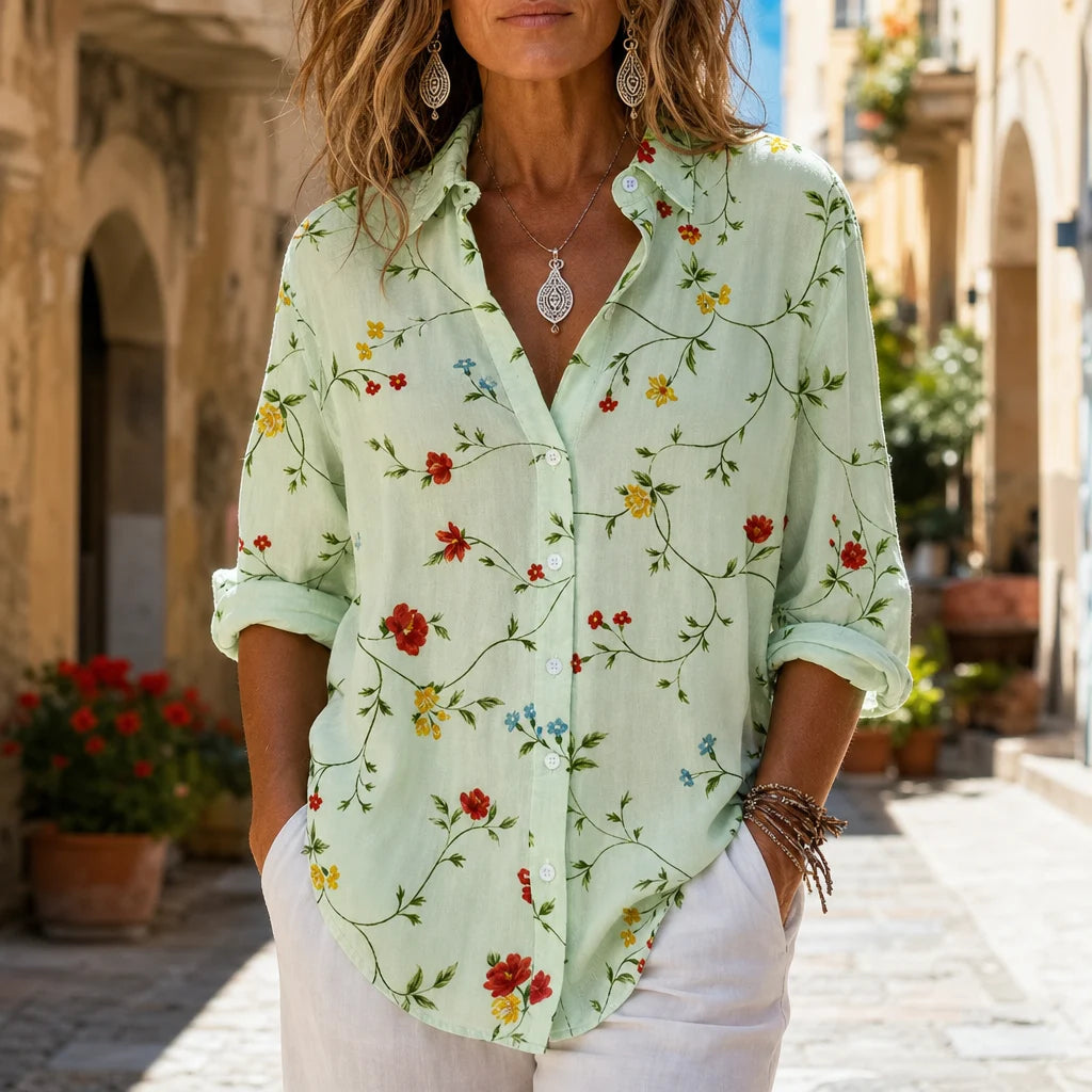 Oasis | Long Sleeve Floral Button-Up Shirt with Turn-Down Collar | Casual Broadcloth Top for Daily Summer Wear